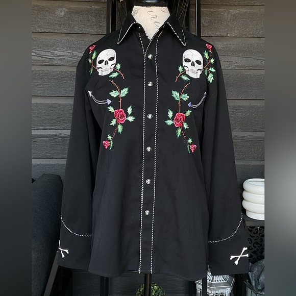 Scully Other - Scully Sugar Skulls Pearl Snap Western Vintage Shirt Floral Day Of The Dead S